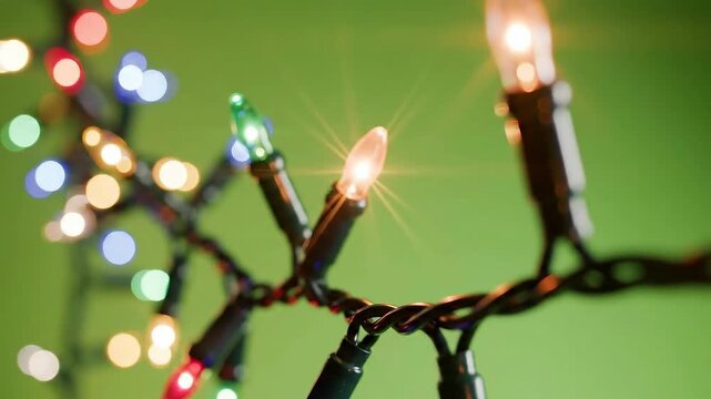 Peach christmas glowing garland. Christmas lights. Colorful Christmas garland. The light bulbs on the wires are insulated on light green screen