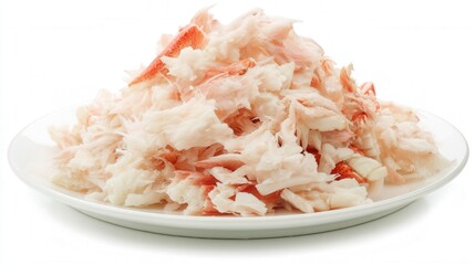 Fresh crab meat isolated on white plate. Generative AI