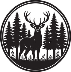 Black silhouette of a stag in a forest scene within a circle deer antlers on transparent background