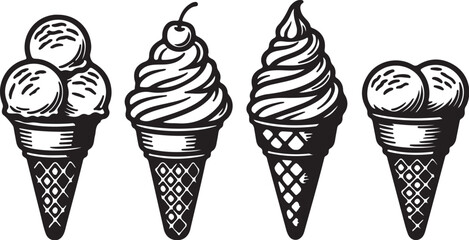 Four Stylized Ice Cream Cones in Black and White Vector Graphics Keywords: ice cream, cone, dessert, sweet, frozen, treat, waffle cone, scoop, cherry, swirl, vanilla, on transparent background