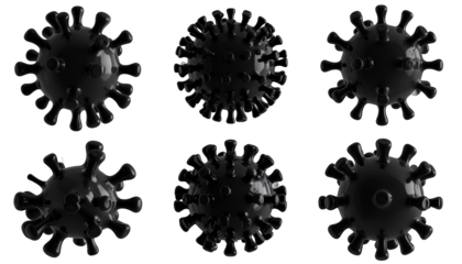 Six different views of a dark, spiky spherical biological structure against black