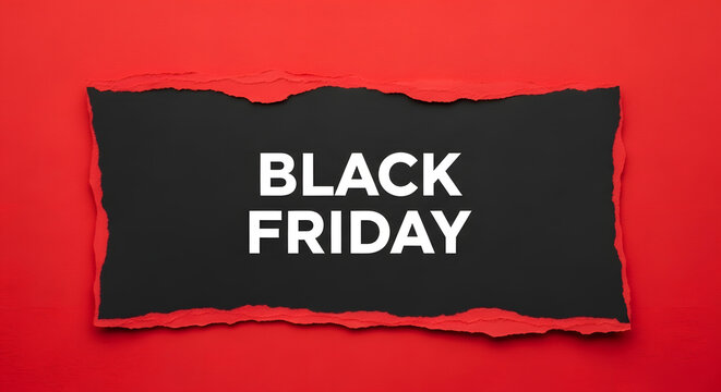 A bold black friday announcement with white text on a black background, framed by torn red paper edges
