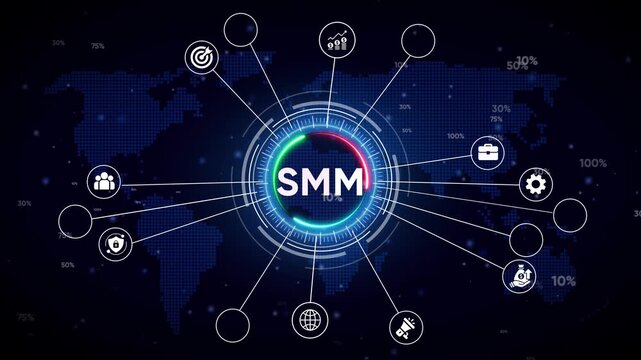 Social Media Marketing SM Strategy Hub with Global Map and Icons digital marketing online marketing
