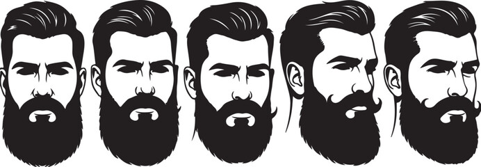 Five Bearded Men Silhouettes with Different Beard Styles and Hairstyles Keywords: beard, man, men, male, face, head, silhouette, illustration, graphic, design, style, on transparent background