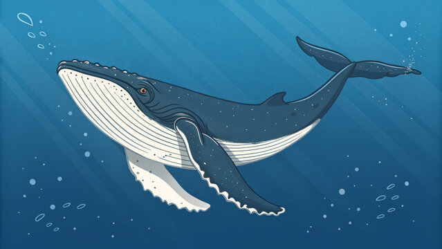  Humpback Whale Swimming in Deep Ocean, Majestic Flat Vector Illustration