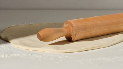A realistic close-up of a rolling pin on dough with soft lighting and clean composition.