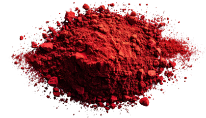 Heap of vibrant red powder, rough texture, contrasting black background