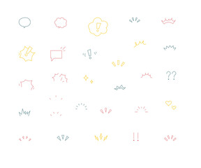 Collection of colorful expressive accent symbols featuring dynamic surprise icons, playful attention markers, energetic decorative shapes, and bold visual cues for communication and design highlights