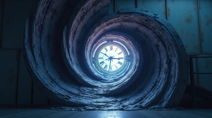 Surreal swirling vortex tunnel leading to a glowing clock face