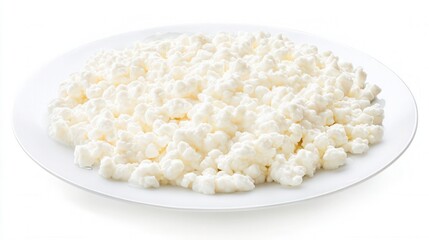 Fresh cottage cheese curds on a white plate isolated. Generative AI
