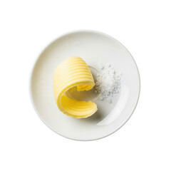 Glistening curl of fresh yellow butter and flaky sea salt on a transparent ceramic plate, isolated on shadow-free transparent background, studio shot, concept of gourmet food advertising