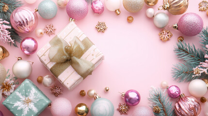 Pink Christmas Gift Set With Ornaments, Glittery Baubles, And Festive Decorations On Soft Pink Background