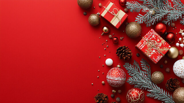 Festive Christmas Decorations With Gifts, Ornaments, and Pine Branches on Red Background