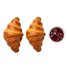 Three artisanal golden-brown croissants with flaky layers and a white ramekin of vibrant ruby-red berry jam, isolated on transparent. Concept of minimalist luxury and gourmet quality