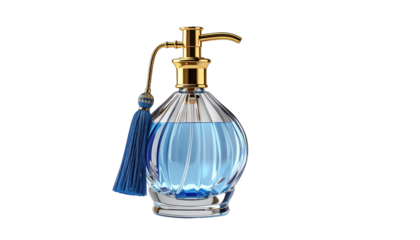 Elegant glass perfume bottle with blue liquid, gold accents, and a tassel