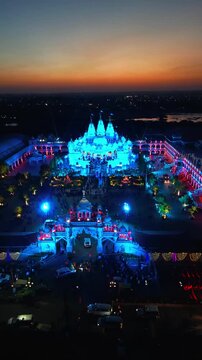 Aerial view of the Swaminarayan Temple in Bhuj&ndash;Mandvi, Kutch, Gujarat, India, showcasing its magnificent marble architecture, intricately carved domes, and peaceful temple complex. Stunning drone foot
