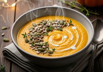 Steaming bowl of creamy pumpkin soup topped with seeds and herbs, served on a wooden table