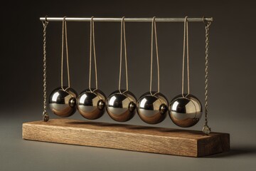 Newton's cradle showing the principles of momentum and energy transfer with five metallic balls resting on a wooden base set against a simple dark background