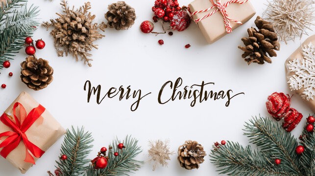 Merry Christmas Greeting Card Flat Lay With Gifts, Pine Cones, and Evergreen Framing the Message - Powered by Adobe