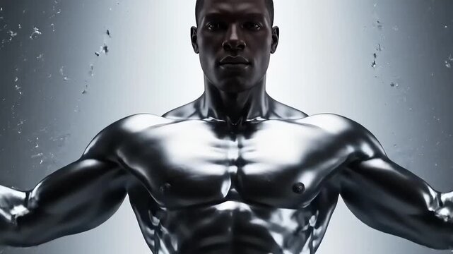 A liquid-metal male symbol rotates in glowing space, melting into flowing metallic threads that form an athletic man before transforming from reflective mercury into realistic black human skin.