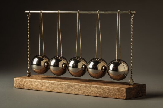 Newton's cradle showing the principles of momentum and energy transfer with five metallic balls resting on a wooden base set against a simple dark background