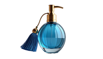 Round glass bottle with blue liquid, gold pump, and matching tassel against black