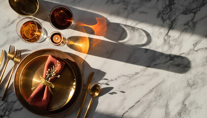 Elegant dining arrangement with warm golden hues and marble, perfect for high-end dining experiences and luxury lifestyle promotions, create warmth and sophistication