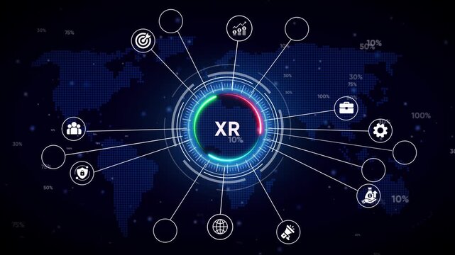 Digital network connection with XR in center and world map background Keywords: XR, extended reality, digital, network, connection, technology, blockchain, finance, global, currency