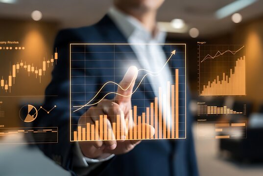 Hand pointing at futuristic holographic dashboard with rising financial charts, graphs and analytics. Concept of fintech success and data growth.
