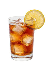 Polished highball glass with vibrant amber-brown liquid, crystal ice, frosted with condensation, fresh lemon wedge on rim, clean transparent studio background, 45-degree high-angle, concept for