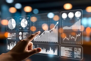 Hand pointing at futuristic holographic dashboard with rising financial charts, graphs and analytics. Concept of fintech success and data growth.