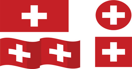 Collection of Swiss flags in various styles including rectangular, square, circular, and waving shapes, symbolizing Switzerland, national identity, geography, Europe, travel, and the iconic white cros