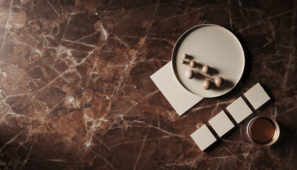 Elegant presentation scene featuring a modern plate, stylish drink, and cards on a marble surface creating a sophisticated and minimalist aesthetic