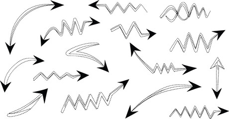 Set of various hand-drawn, scribbled, and dotted zigzag arrows in dynamic shapes, perfect for indicating direction, annotation, movement, emphasis, and modern doodle style graphic design projects.