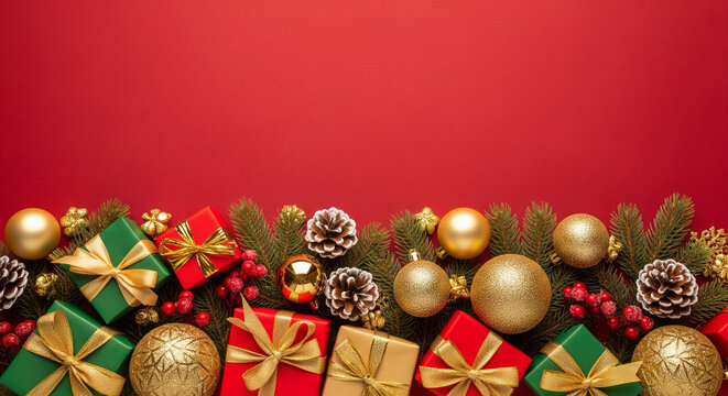 Festive Holiday Decorations Presents, Ornaments, and Evergreen on Red Background