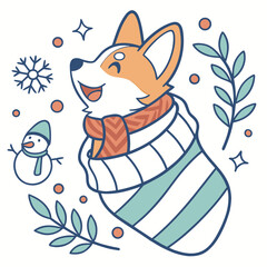 Cute SVG of a Joyful Corgi in Winter Wonderland colors, featuring snuggled in a sock in a Winter setting