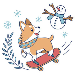 SVG art: A Excited Corgi in a Winter vibe with riding a skateboard, tinted with Winter Wonderland tones