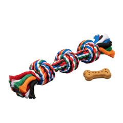 Vibrant braided pet rope toy with three knots and a bone-shaped pet biscuit, isolated on a clean transparent background, professional product photo, Concept for pet product advertising