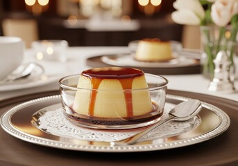 Rich caramel creme dessert in glass bowl with spoon on silver tray, elegant dining setup