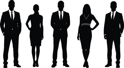 Collection of full-body black silhouettes of diverse business people in professional suits and formal attire, ideal for corporate themes, human resources, leadership, teamwork, and executive represent