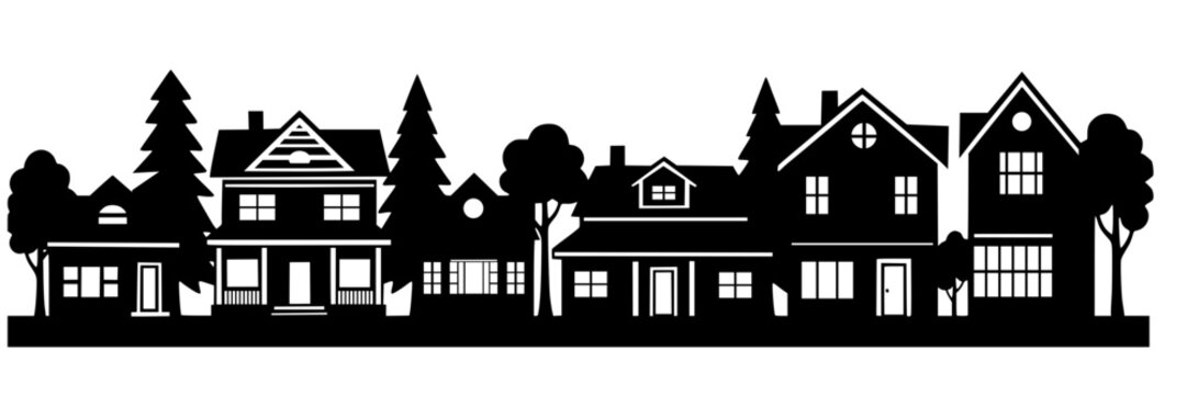 Suburban neighborhood skyline silhouette featuring a row of diverse detached houses and trees. Represents real estate, community, homeownership, housing, and the American dream.