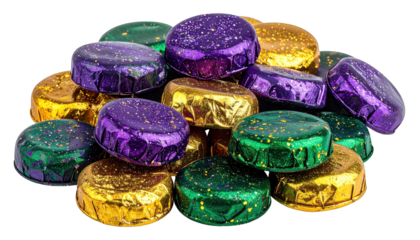Pile of candies, foil-wrapped in gold, purple, and green with a star-like effect