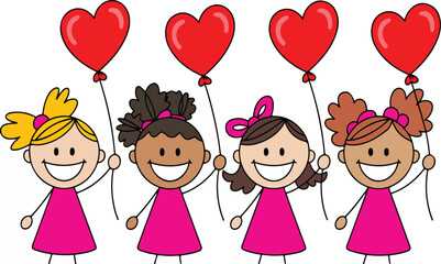 Diverse Happy Girls Stick Figures with Heart Balloons - Vector Illustration Girls, Happy, Stick, Figures, Heart, Balloons, Diverse,