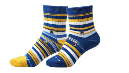 Two patterned blue, yellow, and white socks, with stripes and star designs