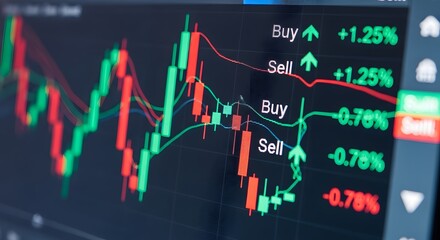 Financial trading chart with candlestick patterns, moving averages, and buy-sell signals showing price changes.