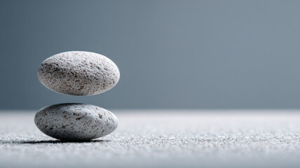 Stacked stones, representing balance and harmony, with a serene backdrop