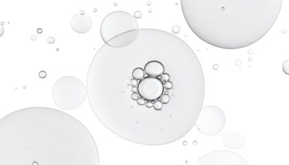 Transparent, spherical orbs of varying sizes float against a black background