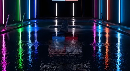 Illuminated car wash tunnel: vibrant neon lights reflecting in water, modern, abstract, and commercial use