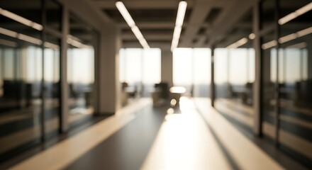 Blurred office interior with glass walls and bright sunlight creating a modern, spacious, and productive work environment for employees and visitors