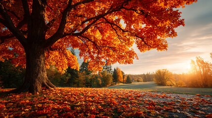 Vibrant orange and red maple tree in autumn peak season, fallen leaves carpet the ground, warm sunset glow, peaceful nature scenery
